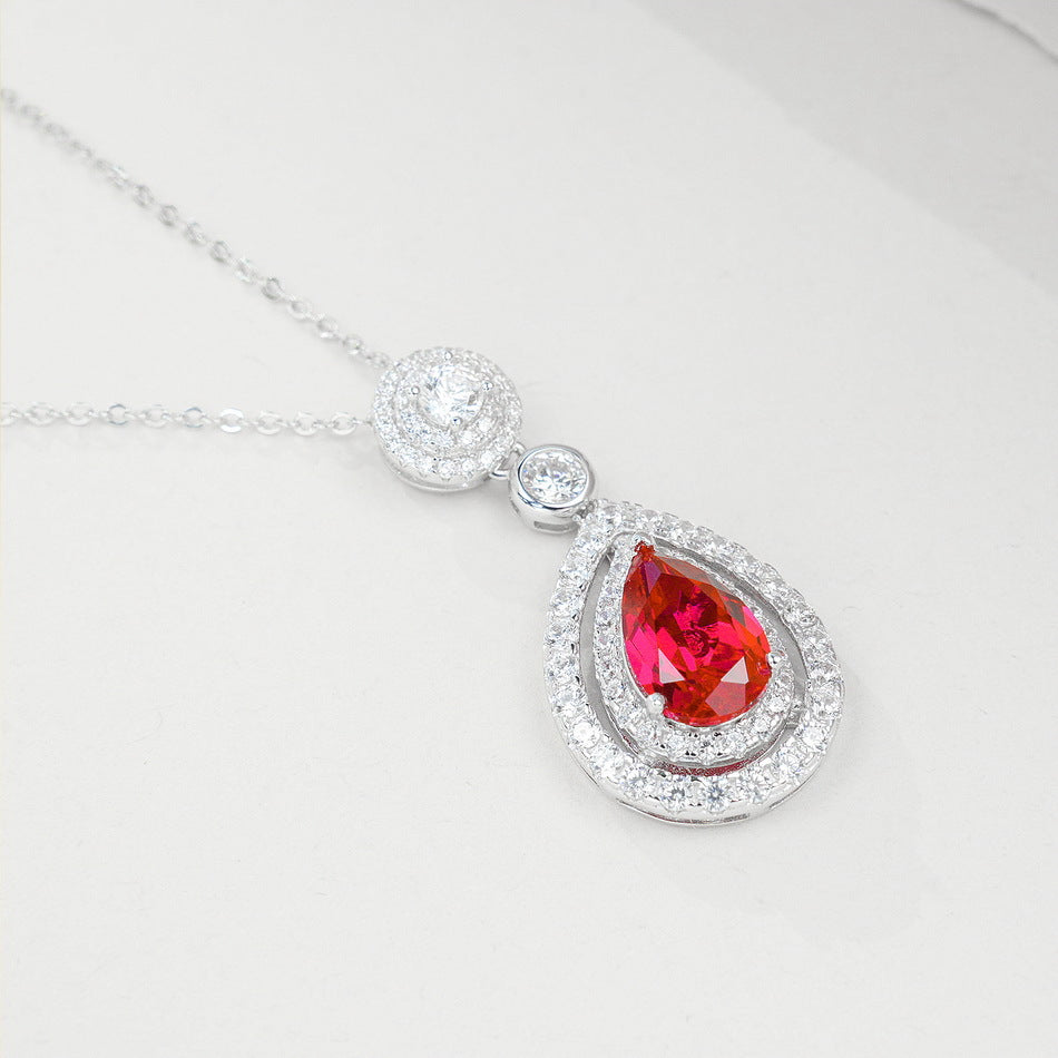S925 Sterling Silver Lab-Grown Ruby Teardrop Pendant Necklace
