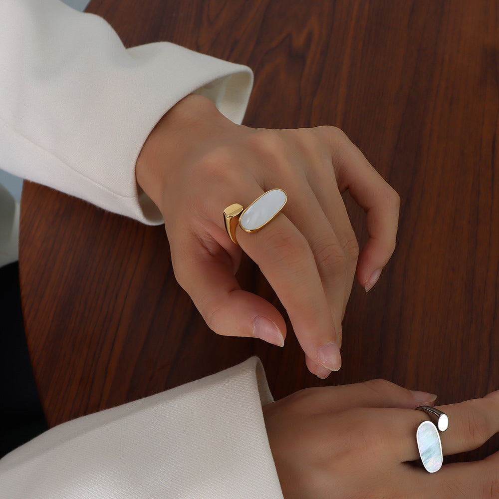 Elegant Mother of Pearl Oval Ring in Gold Plated Titanium Steel