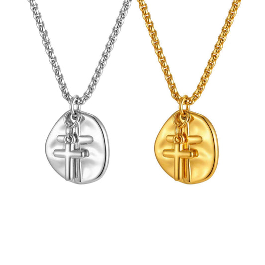 Gold Coin Necklace Stainless Steel Disc Cross Pendant