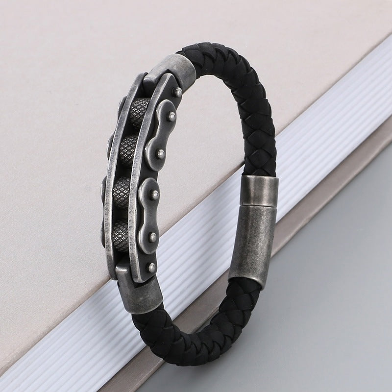 Business Style Strap Chain Woven Leather Rope Bracelet – Stainless Steel Bicycle Chain