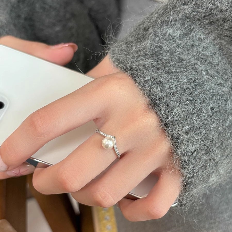 925 Sterling Silver Imitation Pearl Ring Women's Cold Wind Ins Ring Unique Light Luxury Design