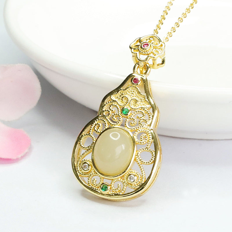 Hollow Gourd Fortune's Favor Sterling Silver Jade Pendant
