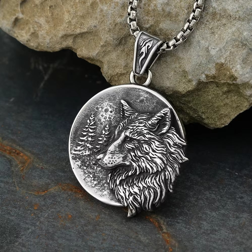Planderful Viking Wolf Pendant Necklace Double Sided Titanium Steel For Men Norse Legacy Collection