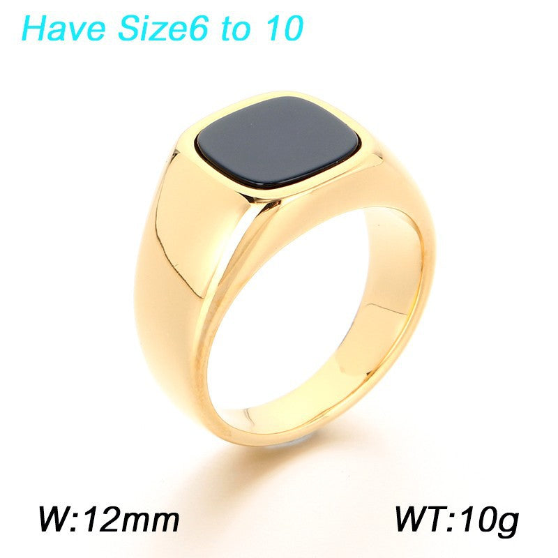 Cold Smooth Stainless Steel Ring, Square Black Stone Titanium Steel Men's
