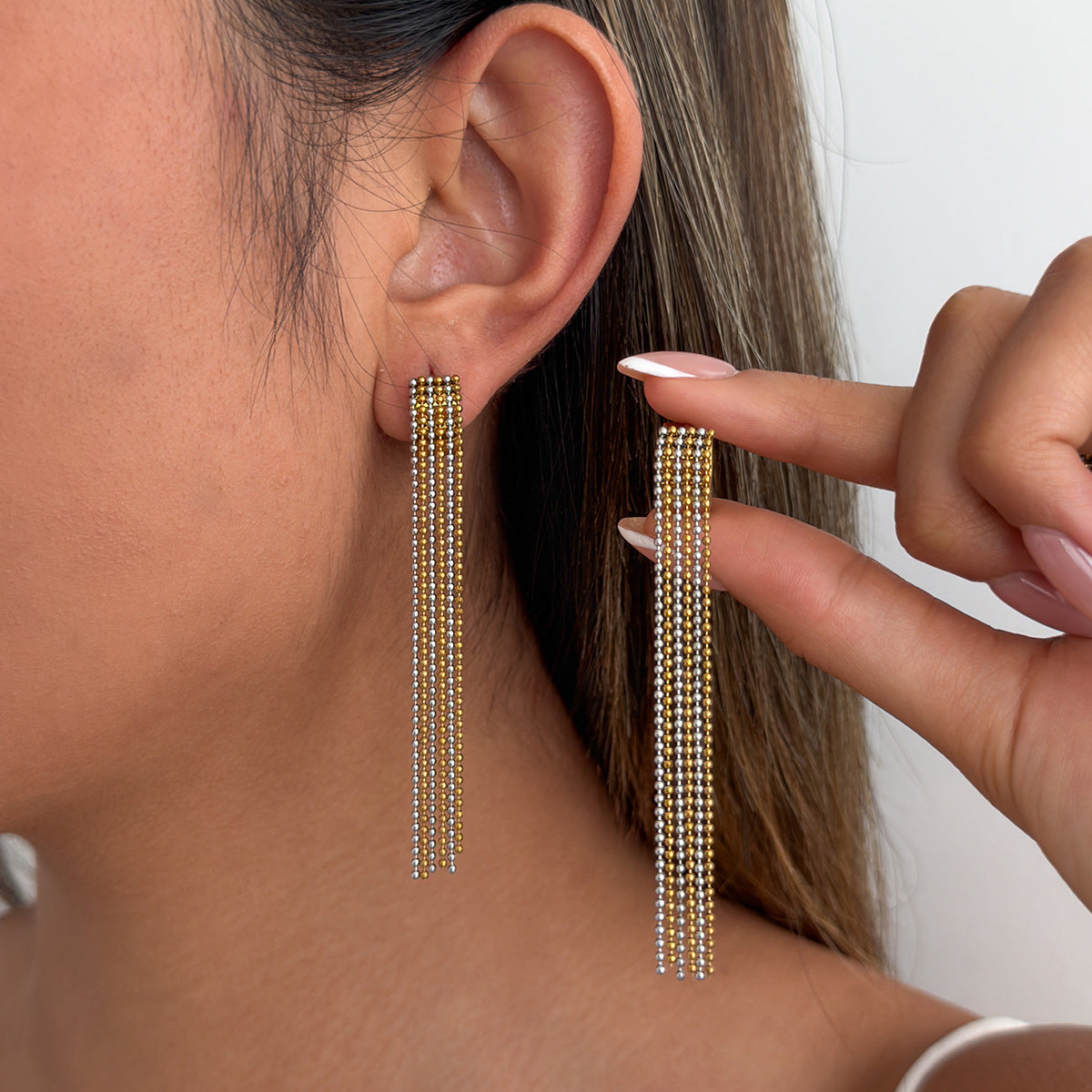 Planderful Vienna Verve Stainless Steel Fringe Earrings For Women Personalized Bead Fringe Multi Layer Statement