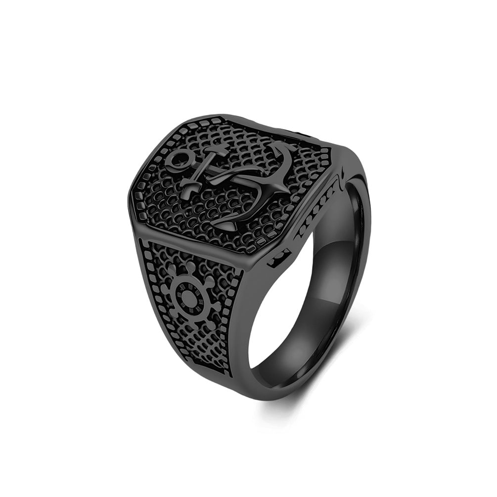 Nautical Anchor Ship Wheel Textured Vintage Stainless Steel Ring for Men