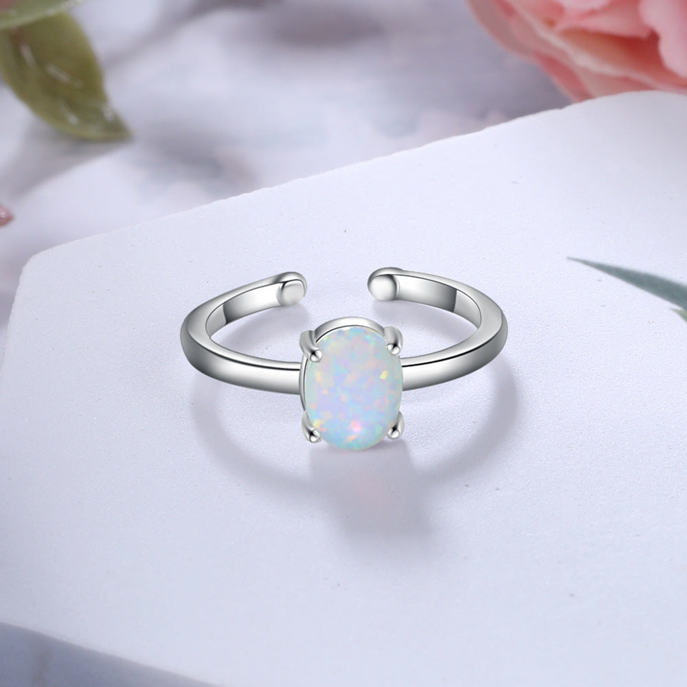 Planderful Jewelry Sterling Silver Opal Open Ring For Women, Adjustable Size, Modern Elegance