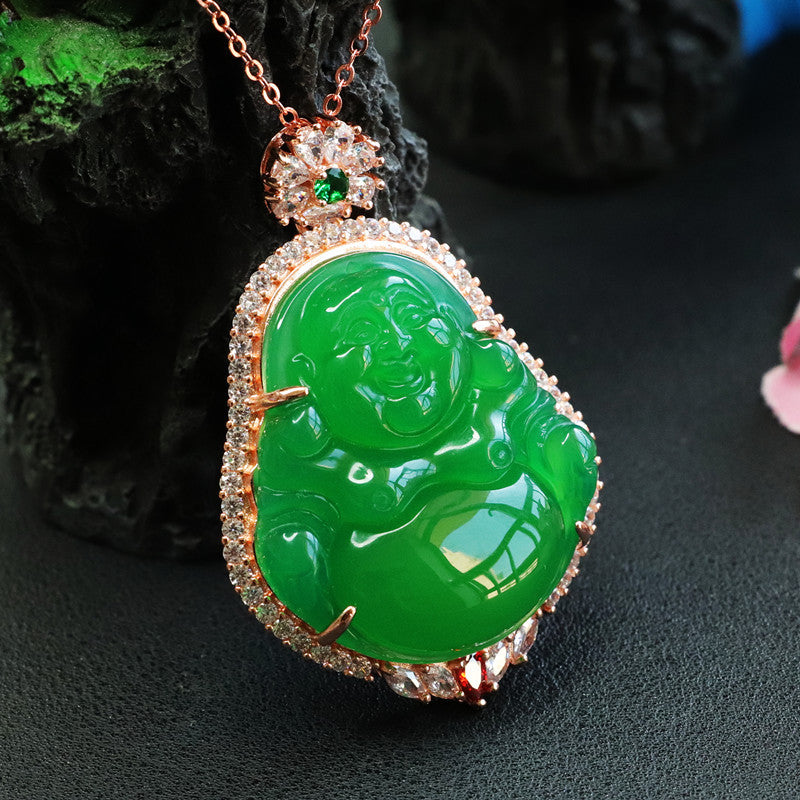 Chalcedony Buddha Pendant Necklace with Zircon Accents