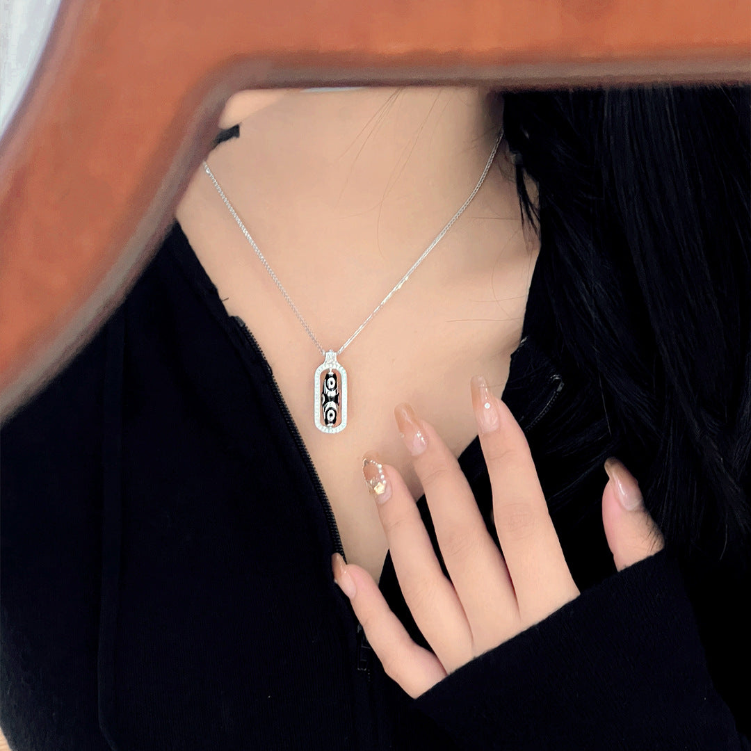 National Style Ancient Dzi Bead Necklace Women's S925 Sterling Silver Clavicle Chain