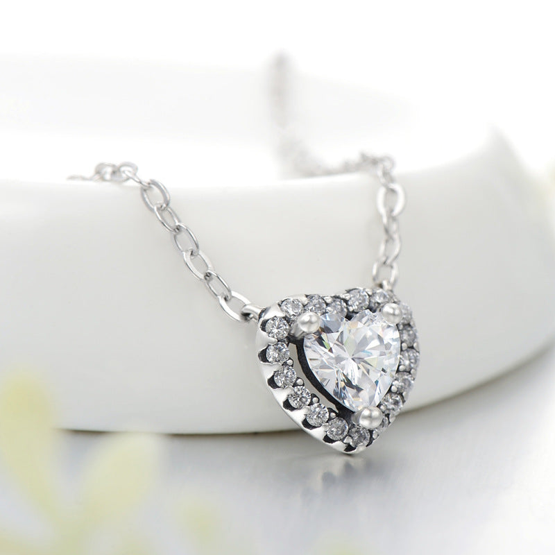 S925 Sterling Silver Heart Necklace with Zirconium Pendant for Women, European and American Fashion Statement Jewelry