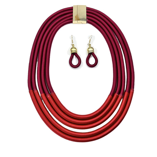 Exaggerated Multilayer Braided Necklace and Earrings Set - Savanna Rhythms