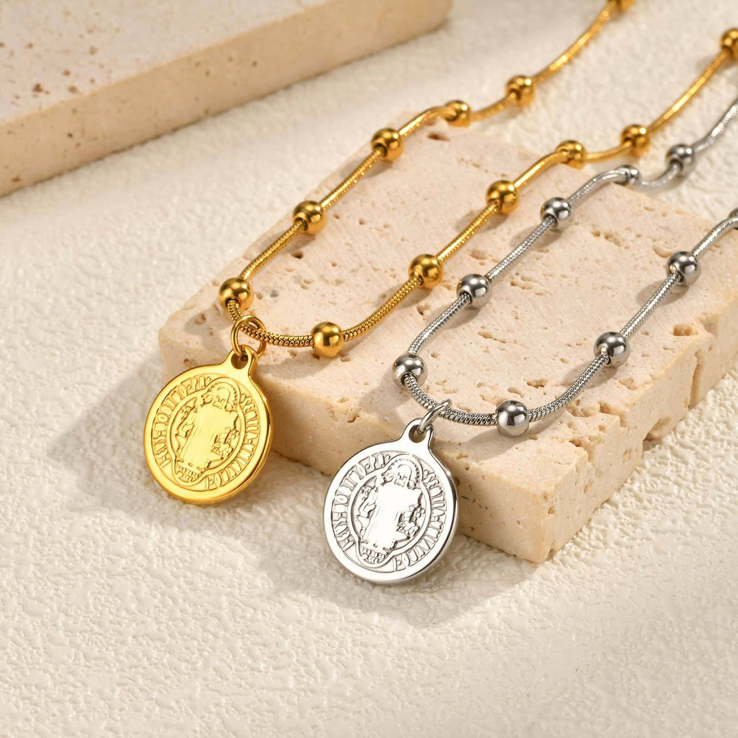Stainless Steel Geometric Bead-Separated Snake Chain Necklace