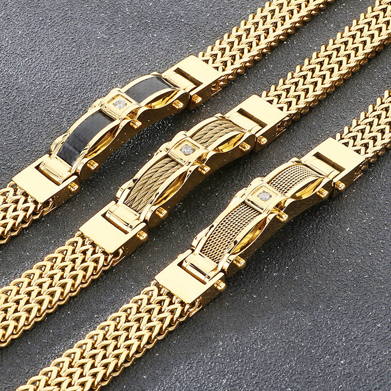 Buckle Front & Back Chain – Hip-Hop Zircon Weiya Line Mesh Curved Bar Stainless Bracelet