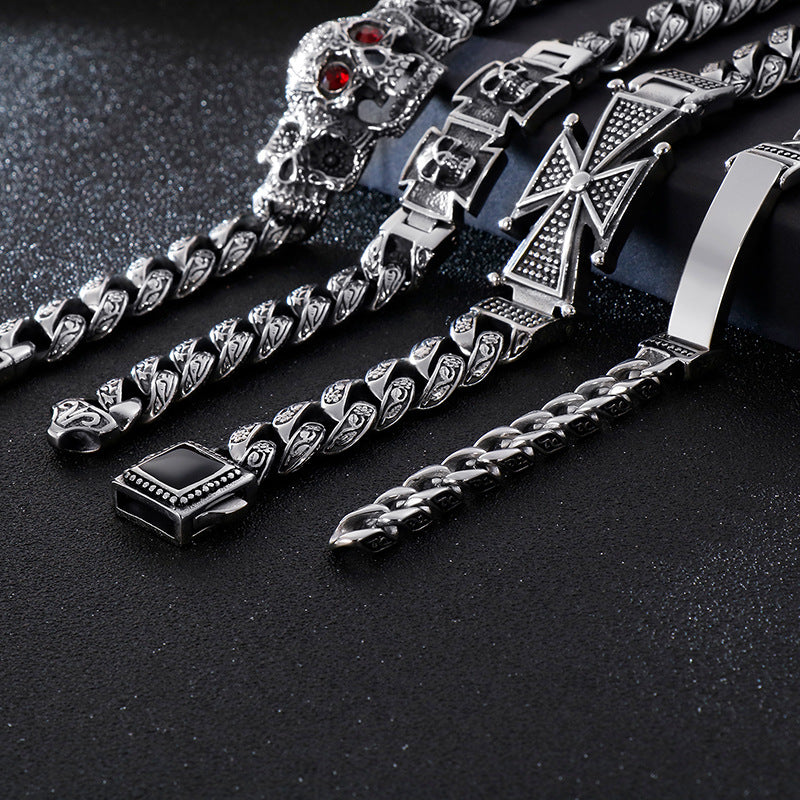 Antique Hand – Trends Skull Cross Inlaid With Zircon Titanium Steel Bracelet Men