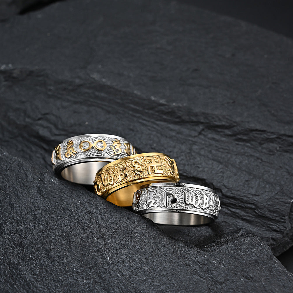 Buddhist Scriptures Six-Character Mantra Titanium Steel Ring