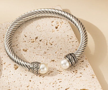 Planderful Stainless Steel Wire Rope Pearl Bracelet For Women Opening Clasp Elegant Everyday Genie Jewelry