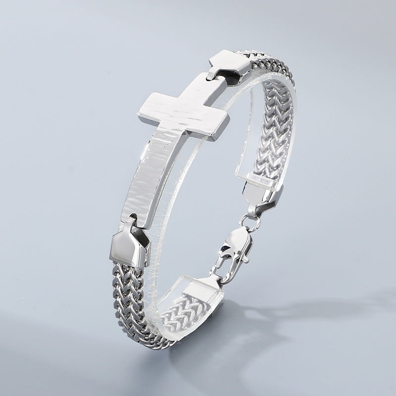 Double-Row Keel Chain Bracelet – Hammer Pattern Texture Bending Brand Cross – Stainless