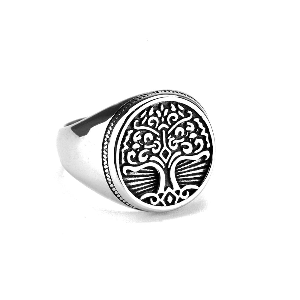 European and American Jewelry Wholesale Men's Titanium Steel Ring Retro Viking Tree of Life Design