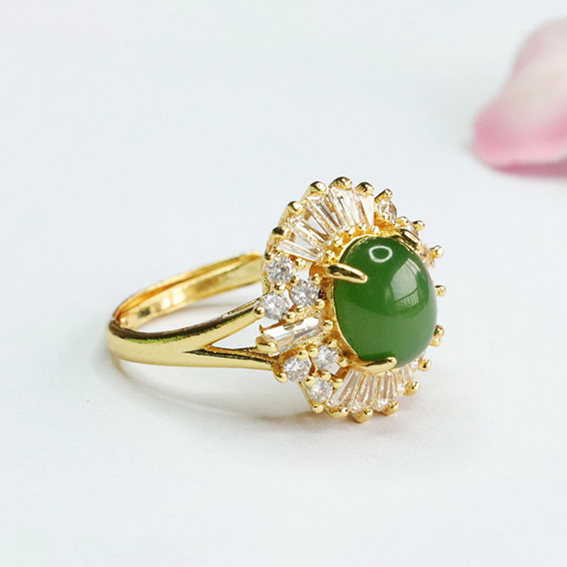 Green Jade Sterling Silver Ring with Zircon Halo
