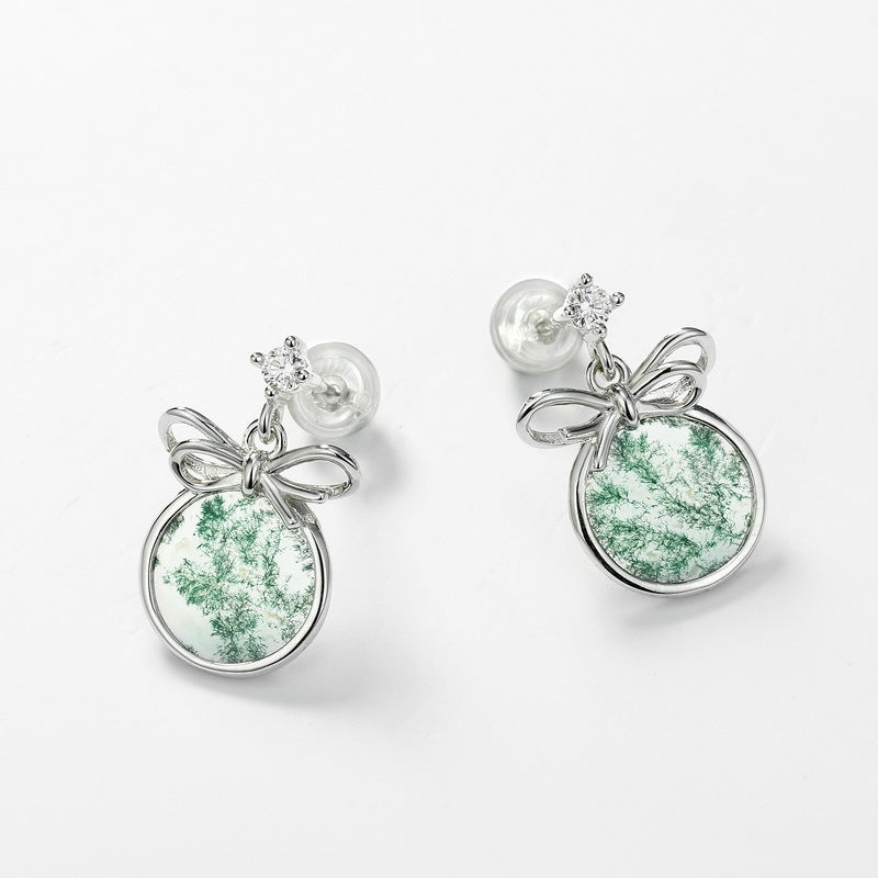 S925 Sterling Silver Moss Agate Bow Stud Earrings