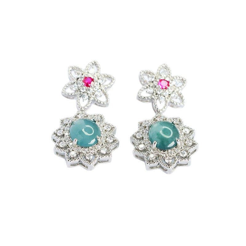 Blue-Water Jadeite Cherry Blossom Stud Earrings