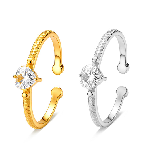 Planderful Hammer Texture Zircon Open Ring Stainless Steel Ring Adjustable Unisex Luxury Jewelry