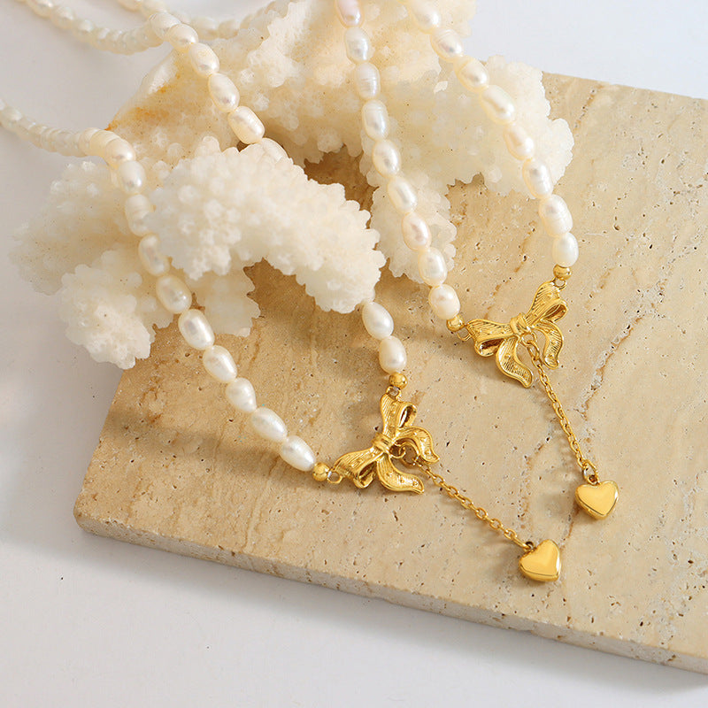 Elegant French Princess Pearl Necklace with Bow Tassel Accent