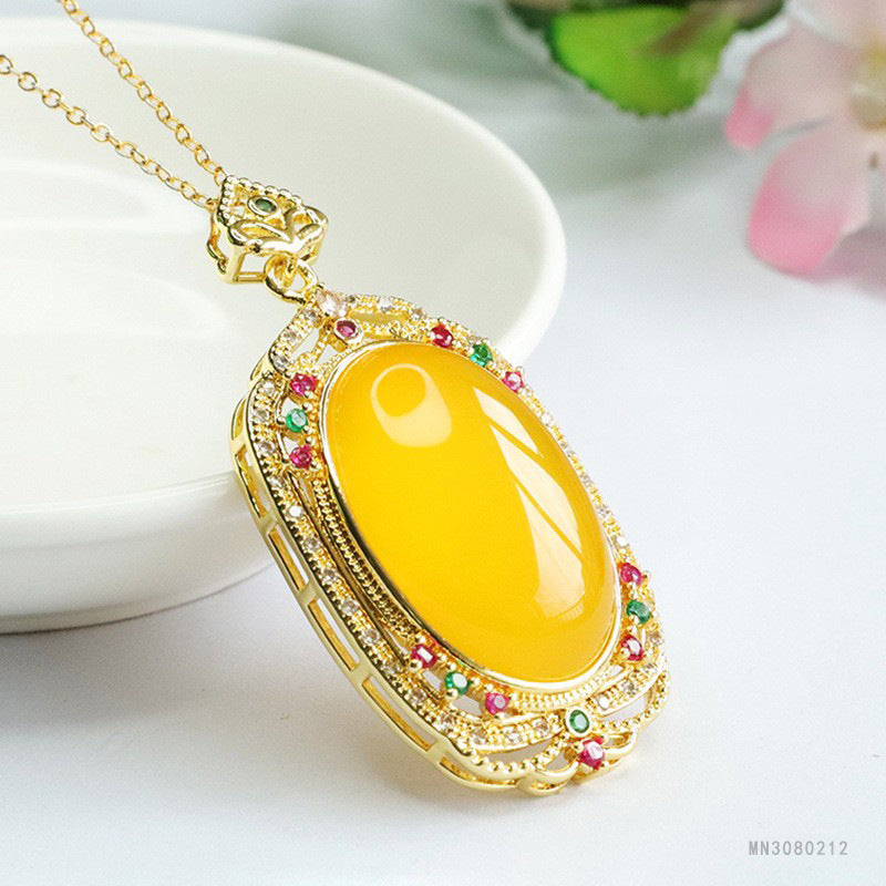 Yellow Chalcedony Vintage Oval Pendant — No Chain