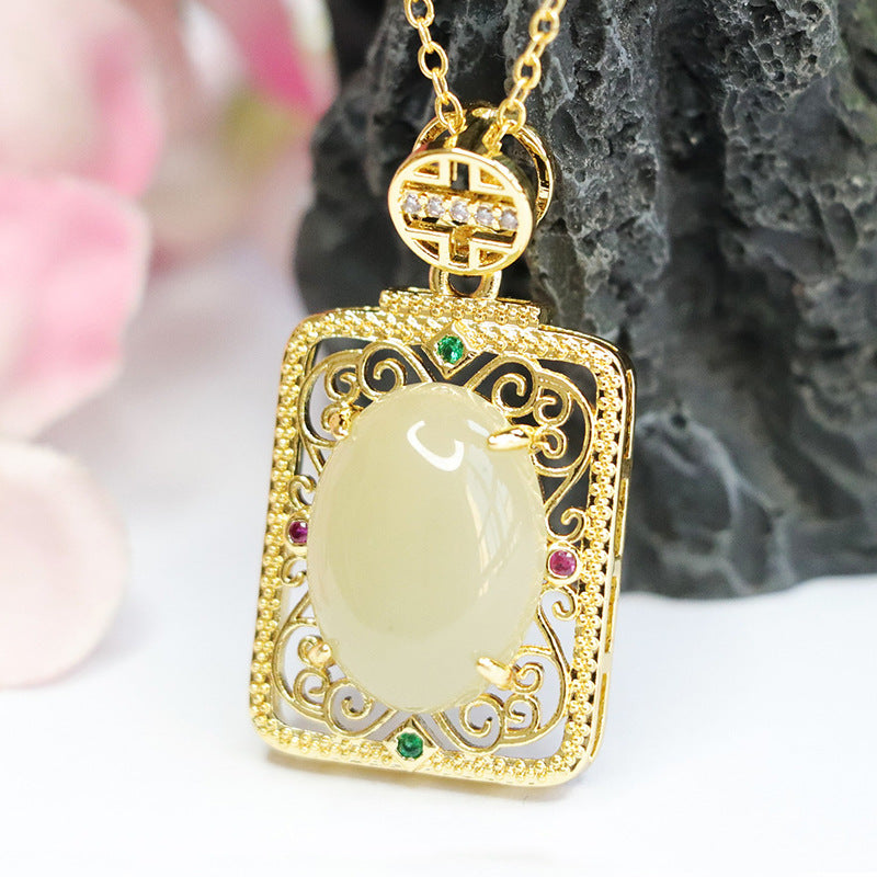 Jade Hollow Square Pendant in Palace Style with Natural Oval Hetian Jade