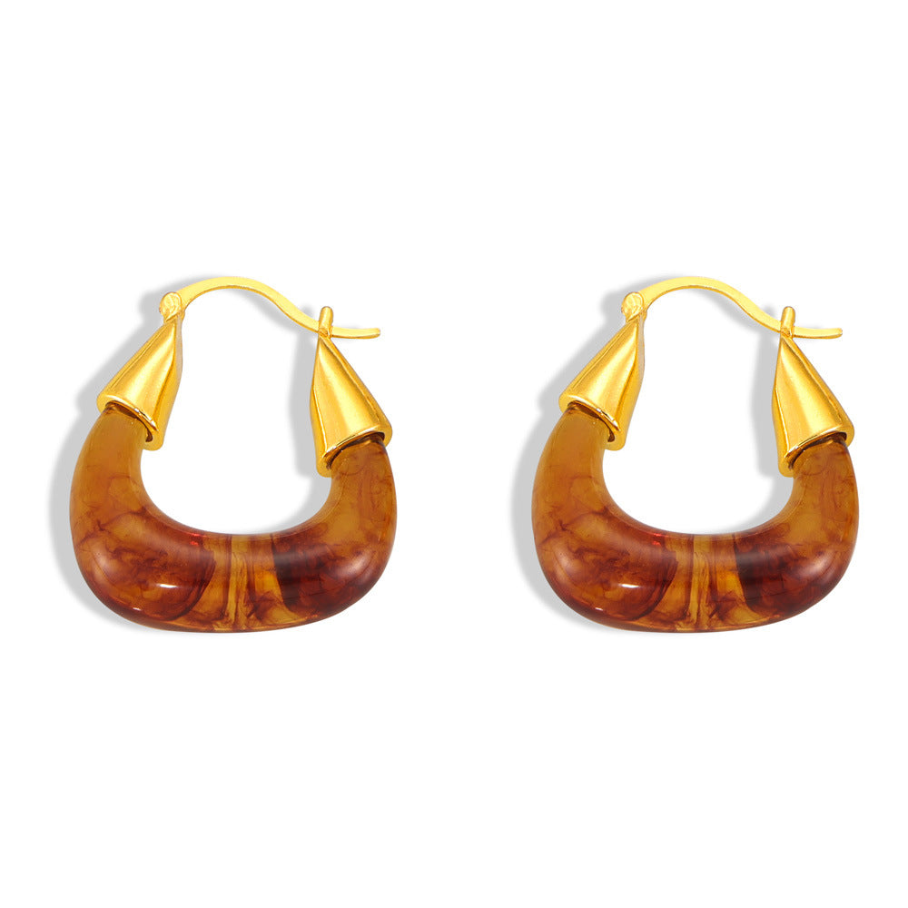 Golden Retro U-Shaped Earrings with Resin Design
