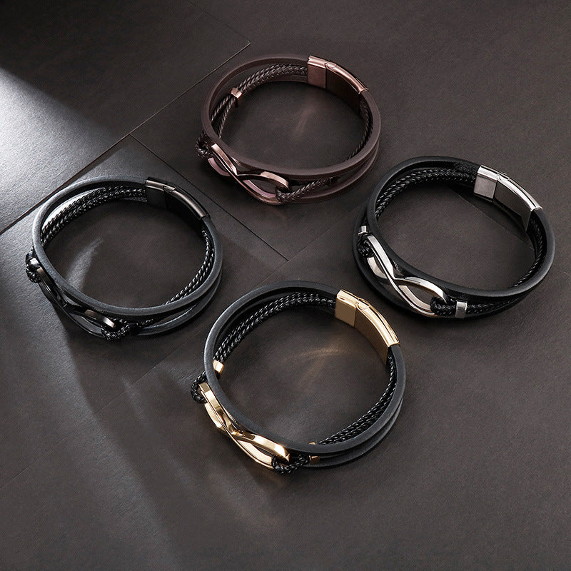 Infinity Shape Titanium Steel Leather Bracelet For Men