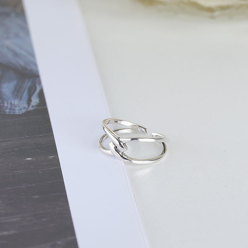 Double Layer Lines Cross Buckle Opening Sterling Silver Ring