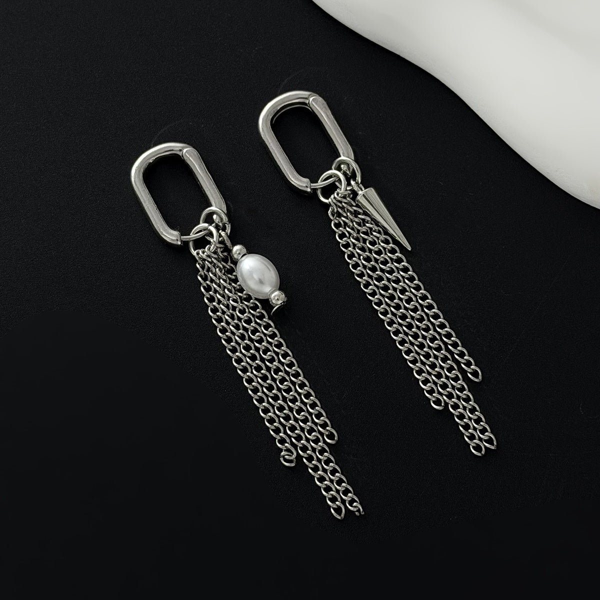Planderful Pearl Fringed Earrings With Chain Rivet Cross Accent For Fashion Forward Women Statement Ear Jewelry