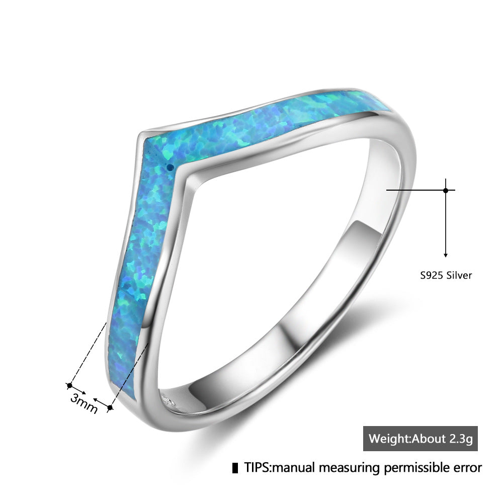 Planderful Jewelry Blue Opal Ring Sterling Silver V Shape Size 6 7 8 Elegant Everyday