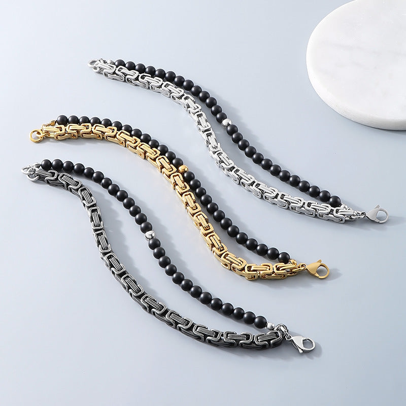 Planderful Mens Black Agate Double Layer Emperor Bracelet