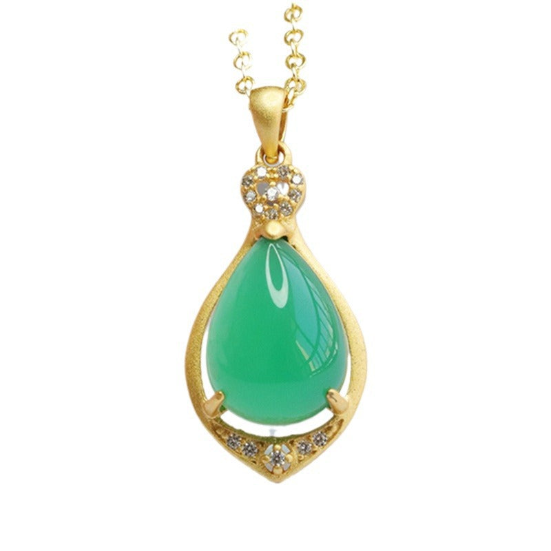 Sterling Silver Necklace with Green Chalcedony Droplet Pendant and Zircon Details