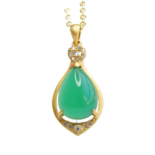 Sterling Silver Necklace with Green Chalcedony Droplet Pendant and Zircon Details