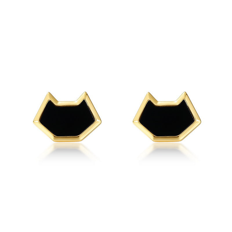 Black Agate Simple Kitty Sterling Silver Stud Earrings