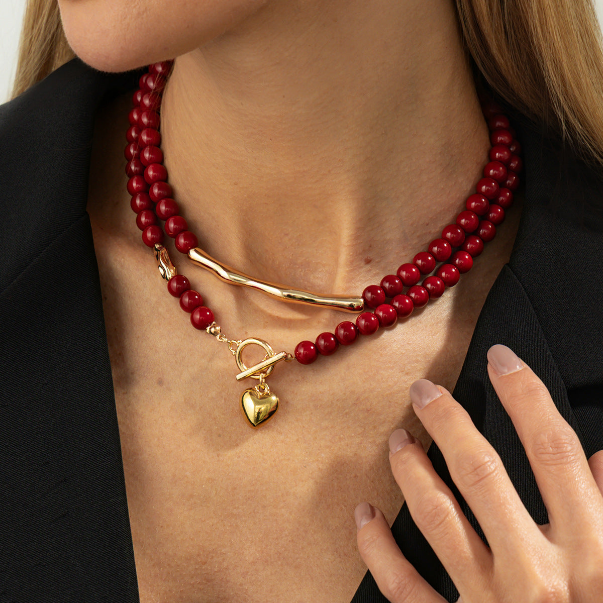 Red Beaded Ot Buckle Love Pendant Necklace Liquid Metal Rod Necklace