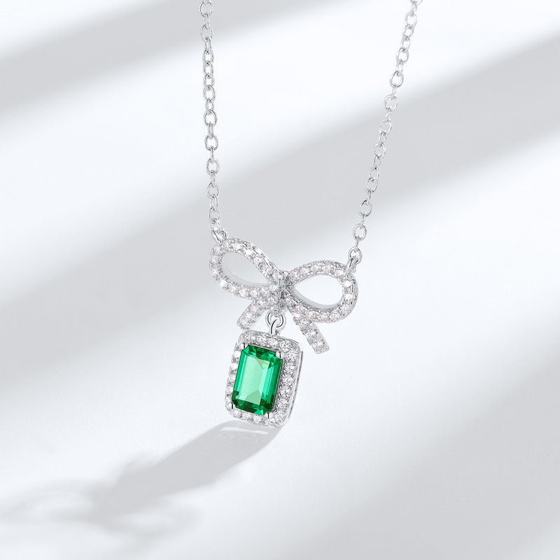 S925 Sterling Silver Lab-Grown Emerald Bow Pendant Necklace