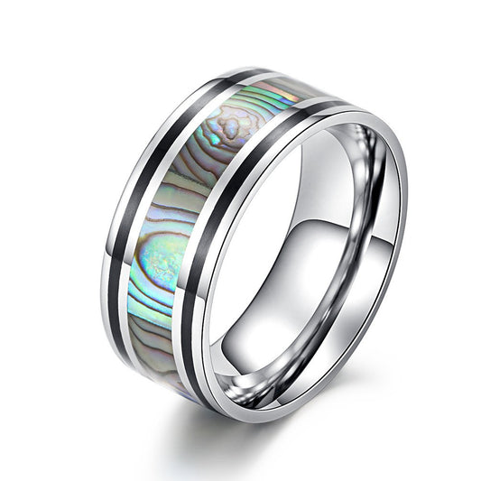 Stainless Steel Epoxy Abalone Fillet Colored Shell Men's Ring – Wood Grain Veneer