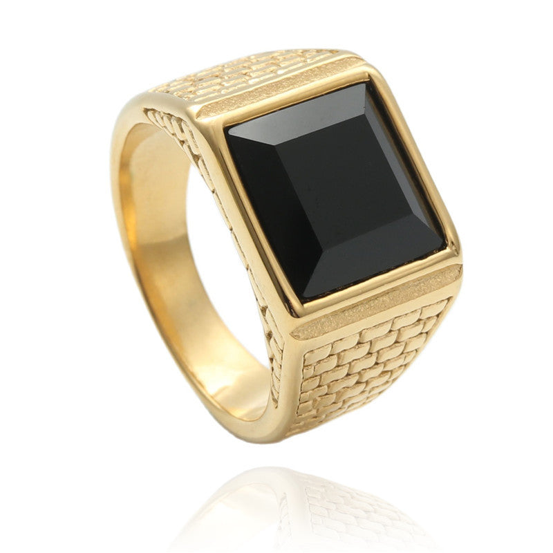 Titanium Steel Vintage Square Stone Ring - Trendy Men's Accessory with Black Gemstone