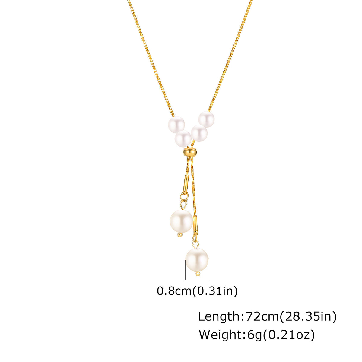 Stainless Steel Round Snake Chain Imitation Pearl Y-Shaped Adjustable Gold Necklace