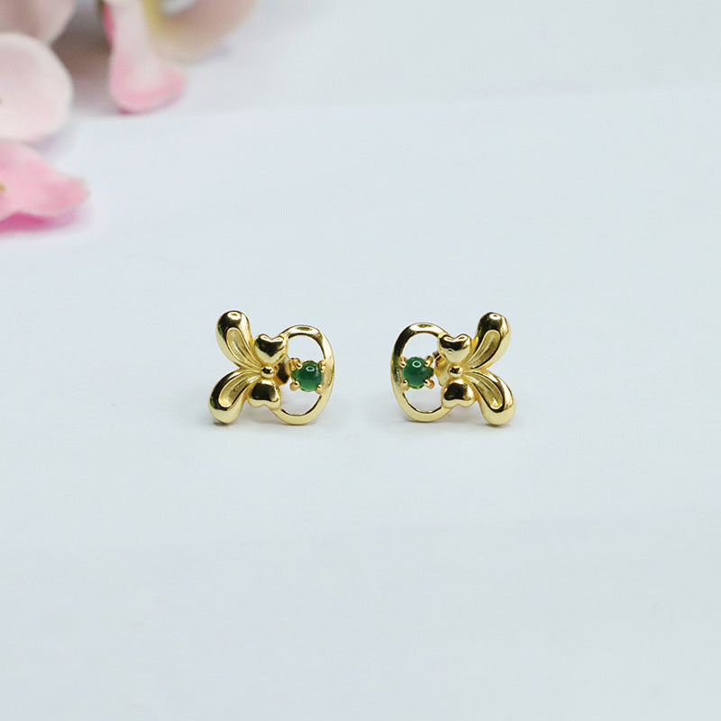 Icy Green Jadeite Bow 925 Silver Stud Earrings