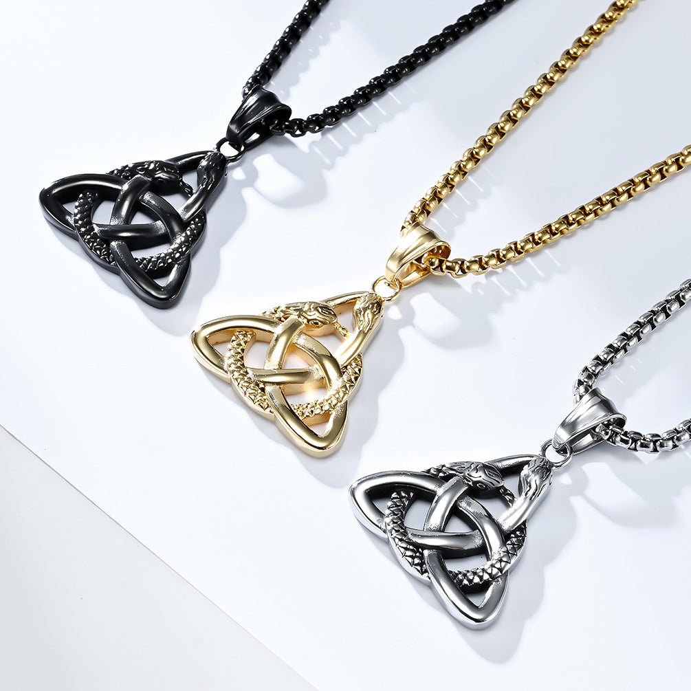 Planderful Viking Double Headed Snake Triangle Knot Necklace For Men Durable Titanium Steel Eternal Knot Pendant