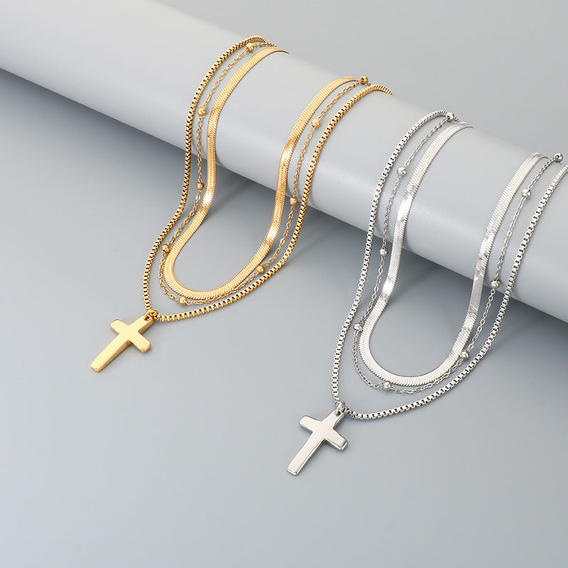 Flat Snake Chain Multi-Layer Chain Necklace, Retro Stainless Steel Box Chain Cross Pendant