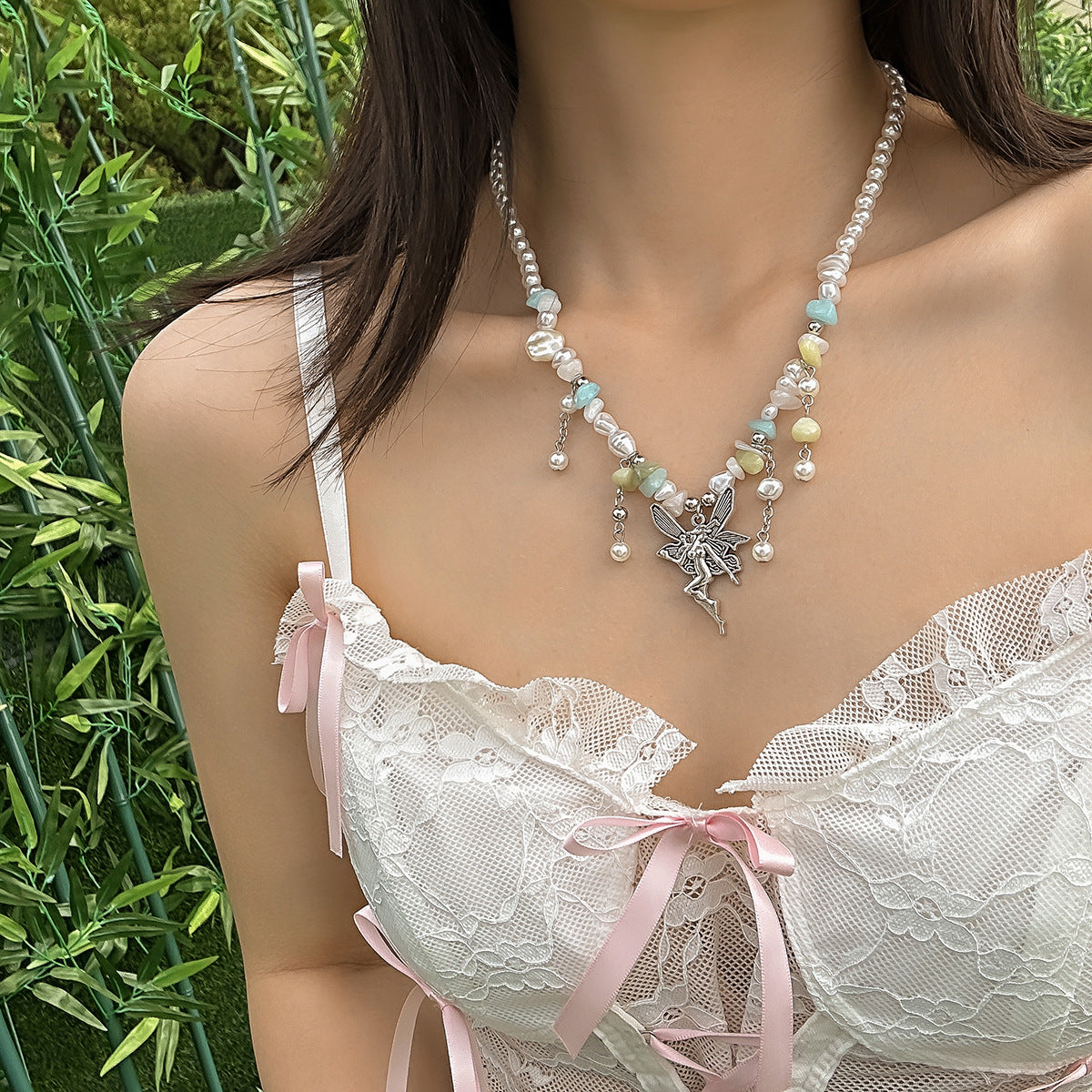 Irregular Gravel Angel Necklace with Imitation Pearl Tassel
