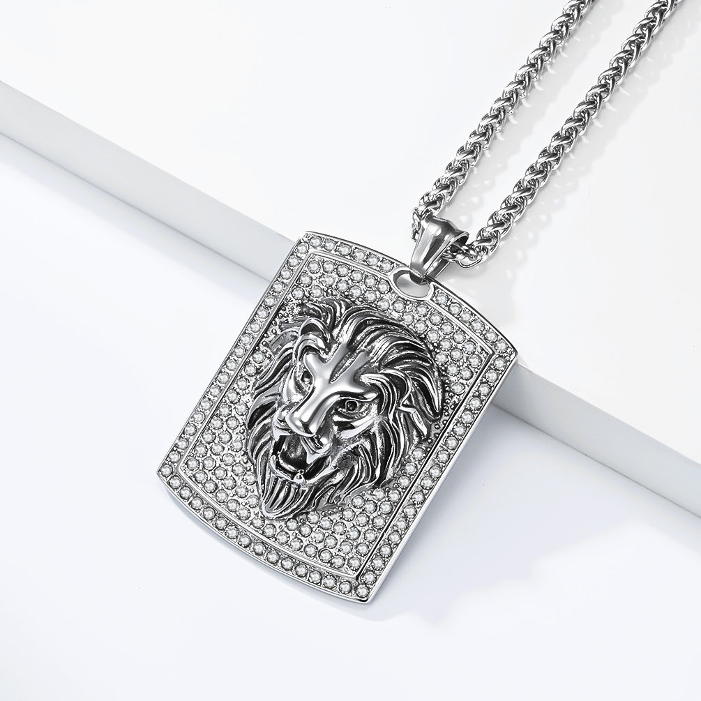 Planderful Everyday Genie Hip Hop Zircon Lion Head Pendant Titanium Steel Unisex Necklace For Bold Protection
