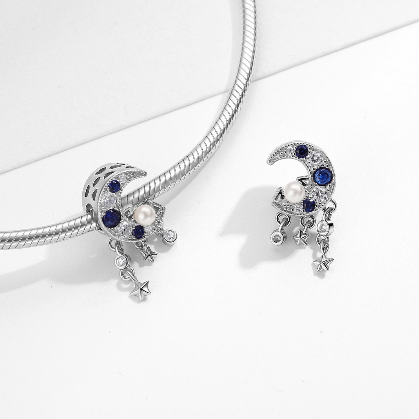 Planderful Jewelry Original Pearl Zircon Moon Beaded Sterling Silver Bracelet Pendant For Everyday Luxury