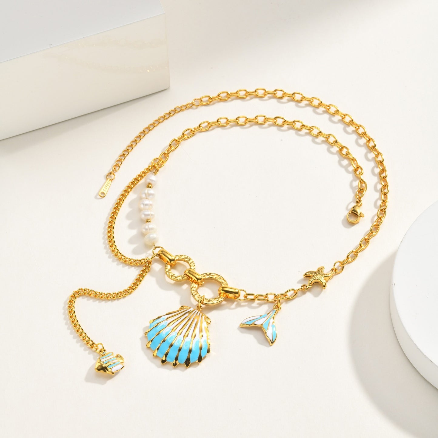 Ocean Vacation Stainless Steel Epoxy Blue Shell Small Fish Starfish Imitation Pearl Necklace